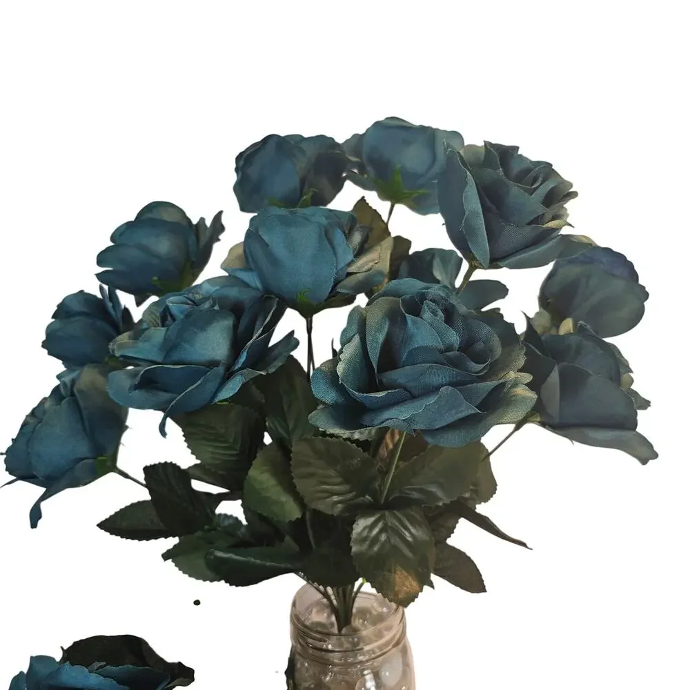 Silk Artificial Teal Rose Bush Lot of 2 Bushes, 4 in wide Blooms, 23 Roses total